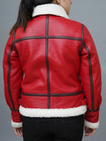 Womens Bomber Style Faux Shearling Red Leather Jacket | Christmas Outfit