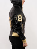 Handmade 8 Ball Leather Jacket | David Puddy Inspired 8 Ball Bomber Hooded Jacket in Black and Golden Color