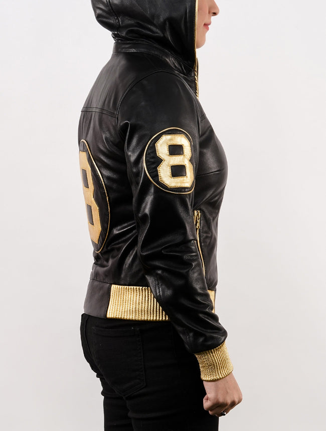 Handmade 8 Ball Leather Jacket | David Puddy Inspired 8 Ball Bomber Hooded Jacket in Black and Golden Color