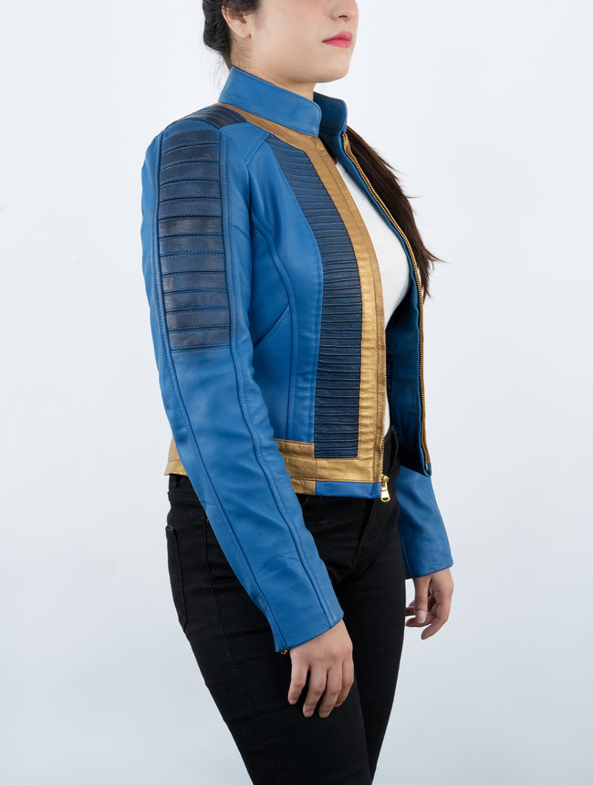 Lucy Vault 33 Fall Out New Vegas Blue and Yellow Leather Jacket Women
