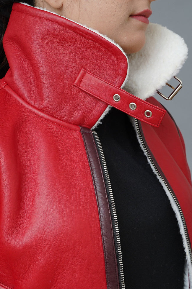 Womens Bomber Shearling Red Leather Christmas Jacket