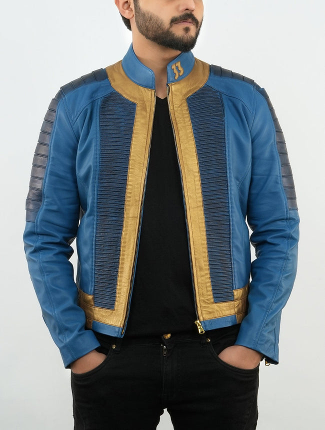 Lucy Vault 33 Fall Out New Vegas Blue and Golden Costume Leather Jacket Men