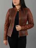 Women's Quilted Textured Brown Real Sheepskin Leather Jacket
