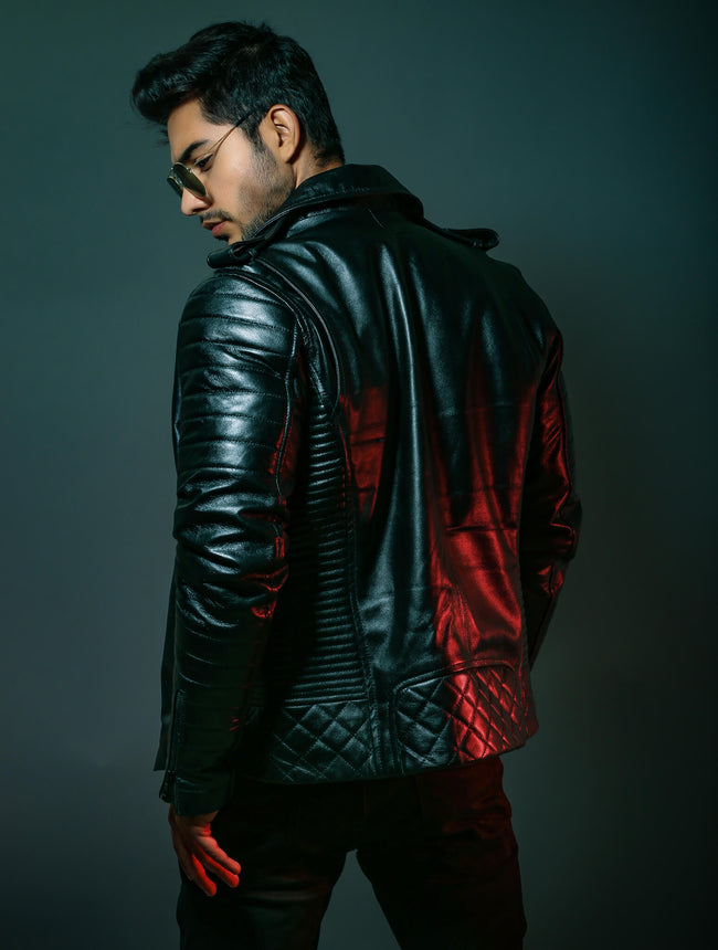 Mens Quilted Black Motorcycle Leather Jacket
