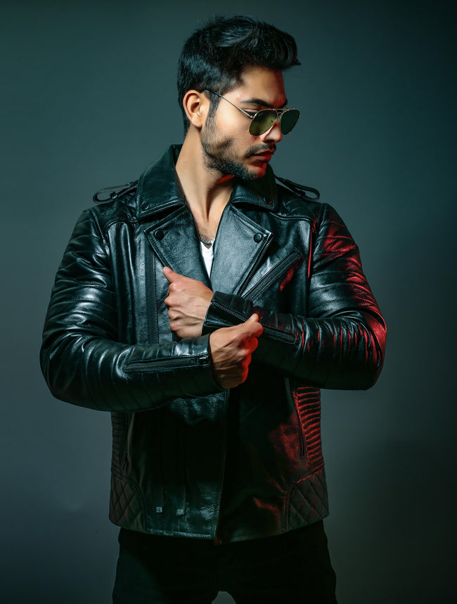 Mens Quilted Black Motorcycle Leather Jacket