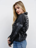 Womens Studded Biker Skull Samara Weaving Guns Akimbo Leather Jacket