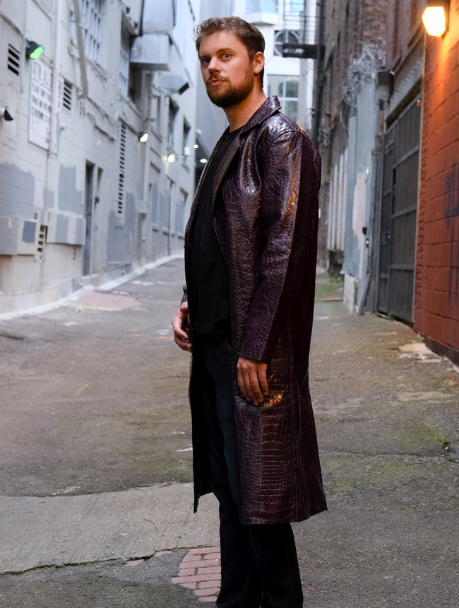 Mens Squad Joker Purple Crocodile Trench Coat