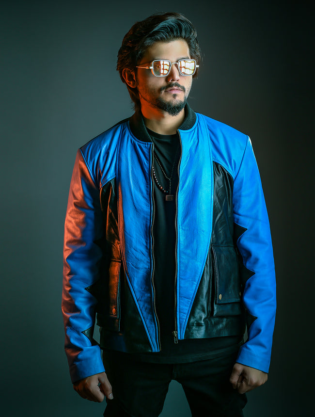 Mens Logan Blue and Black Leather Jacket