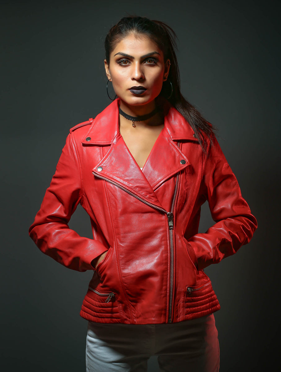 Asymmetrical Zipper Elegant Womens Red Leather Motorcycle Jacket