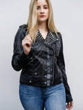 Womens Studded Skull Samara Weaving Guns Akimbo Leather Jacket