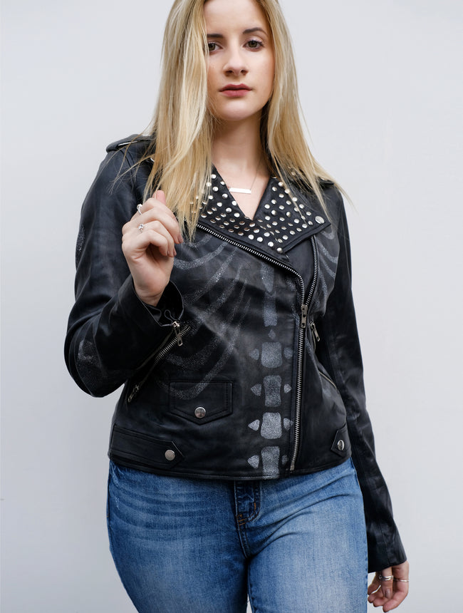 Womens Studded Skull Samara Weaving Guns Akimbo Leather Jacket