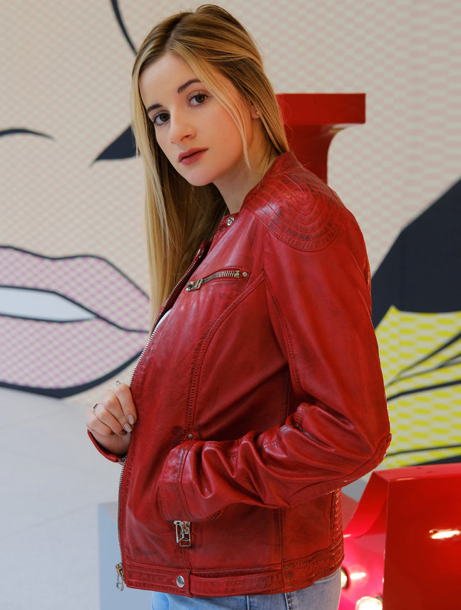 Womens Red Slim fit Motorcycle Leather Jacket