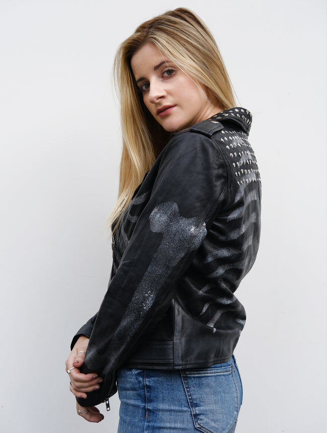 Womens Studded Skull Samara Weaving Guns Akimbo Leather Jacket