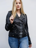 Womens Studded Biker Guns Akimbo Skull Samara Weaving  Leather Jacket