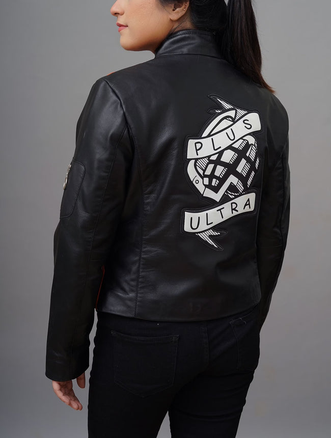 women Bakugo inspired handmade black leather jacket MHA