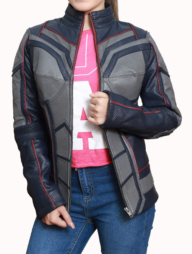 Ant-Man and The Wasp Evangeline Lilly Blue and Grey Costume Leather Jacket for Women