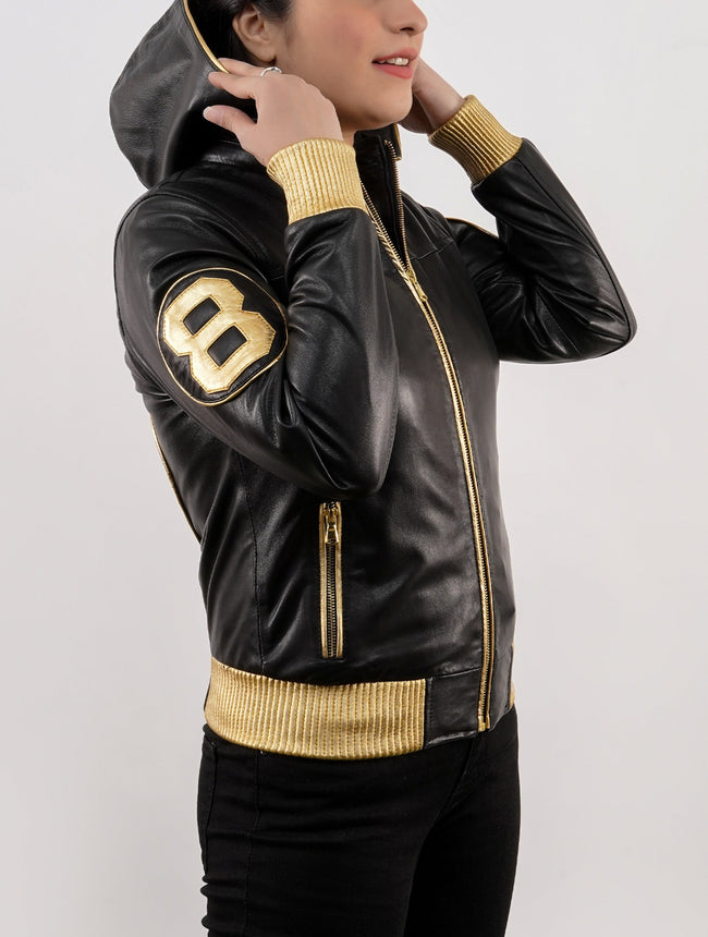 Handmade Men and Women 8 Ball David Puddy Inspired Black and Golden Bomber Leather Jacket