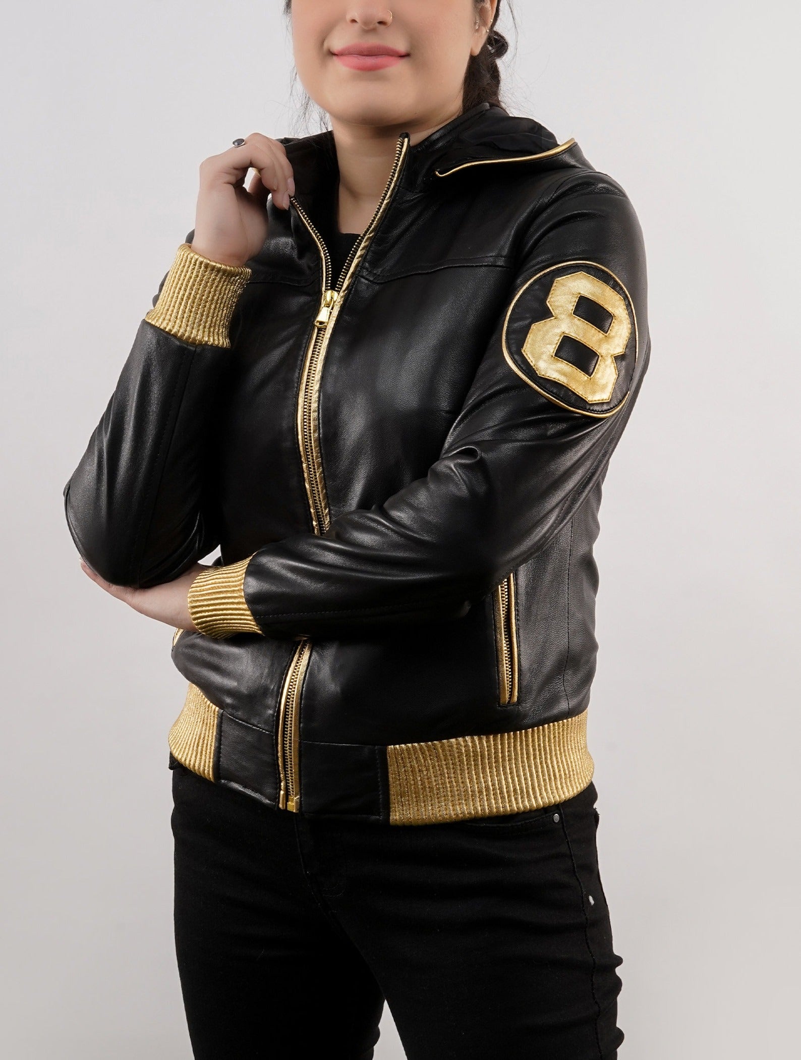David Gold Jacket Handmade 8 Ball David Puddy Inspired Black and Golden Bomber Leather J ...