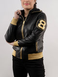 Handmade 8 Ball Leather Jacket | David Puddy Inspired 8 Ball Bomber Hooded Jacket in Black and Golden Color in Men and Women Sizes