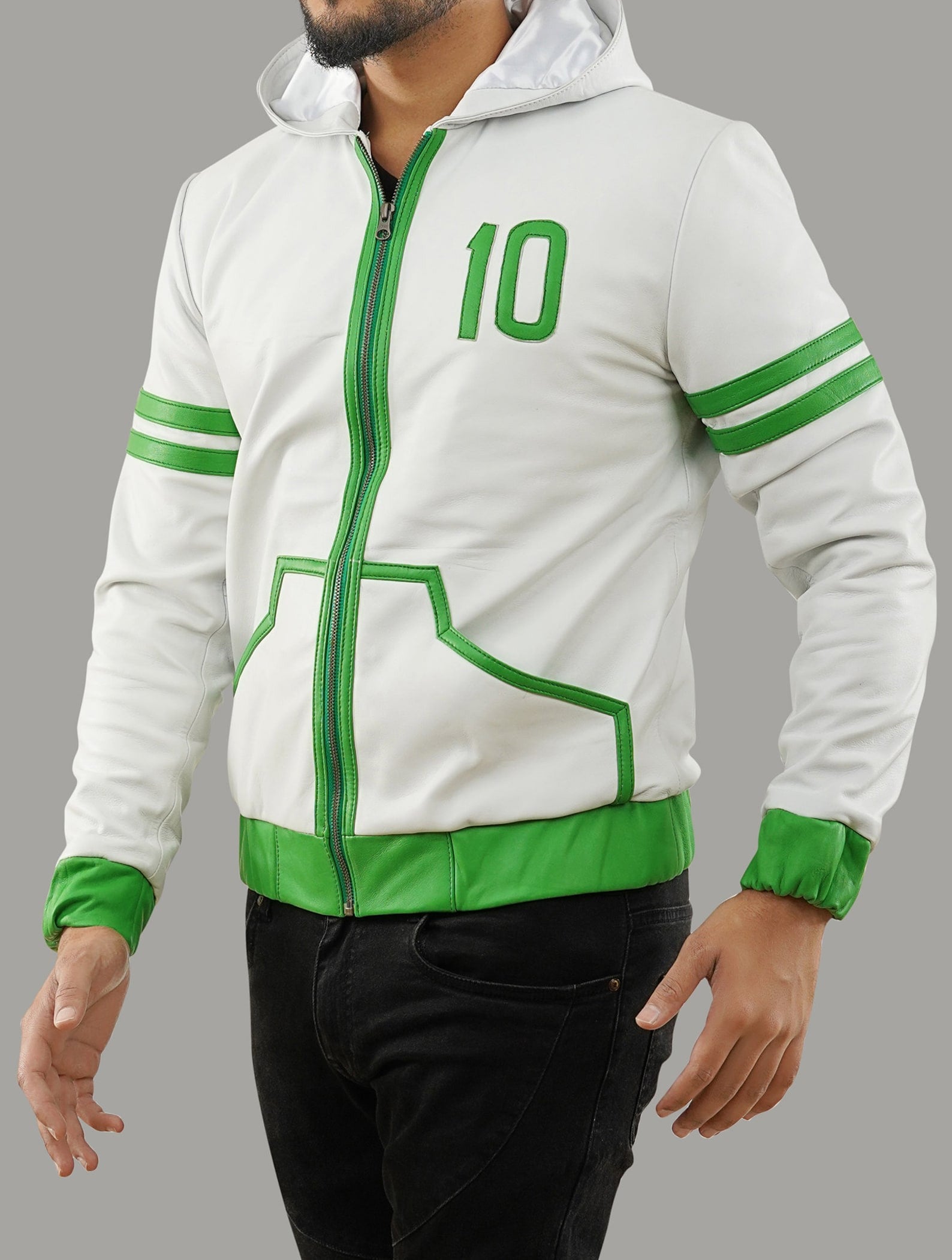 Ben Riley Jacket Ben 10 Omniverse Green and White Hooded Leather Jacket – Fanzilla Jackets