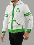 Handmade Ben Ten Omniverse Inspired Green and White Hooded Cosplay Leather  Jacket