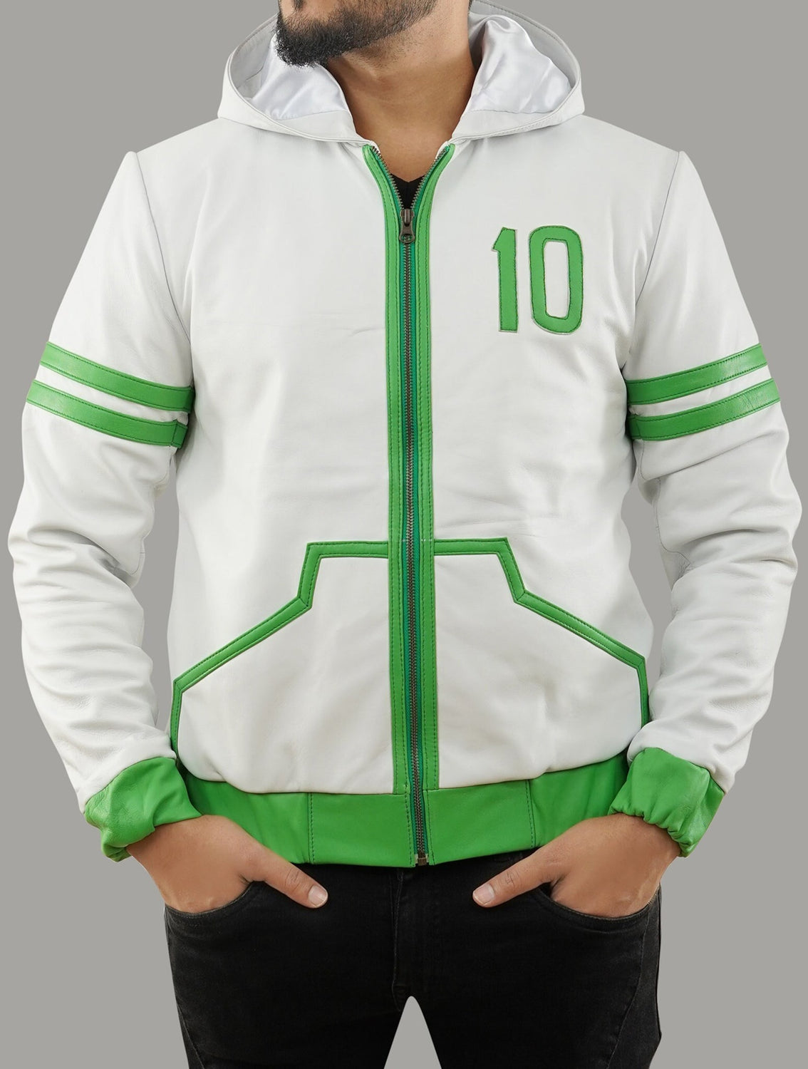 Handmade Ben 10 Omniverse Inspired Green And White Hooded Cosplay Leat 