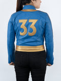 Lucy Vault 33 Inspired Fall Out New Vegas Blue and Golden Cosplay Leather Jacket Women