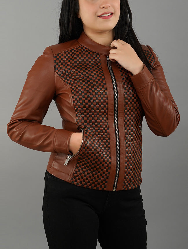 Women's Quilted Textured Brown Real Sheepskin Leather Jacket