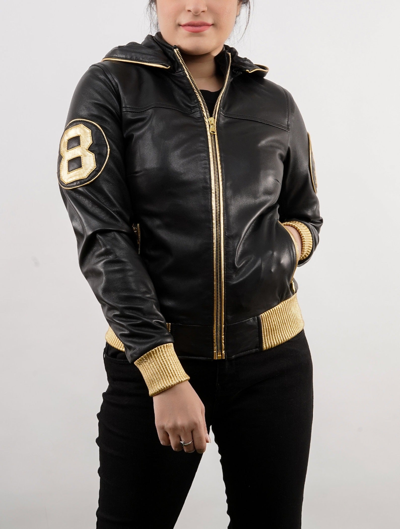 David Gold Jacket Handmade 8 Ball David Puddy Inspired Black and Golden Bomber Leather J ...