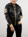 Handmade 8 Ball Inspired David Puddy  Black and Golden Bomber Leather Jacket