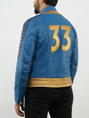 Lucy Vault 33 Fall Out New Vegas Men's Blue and Golden Leather Cosplay Jacket