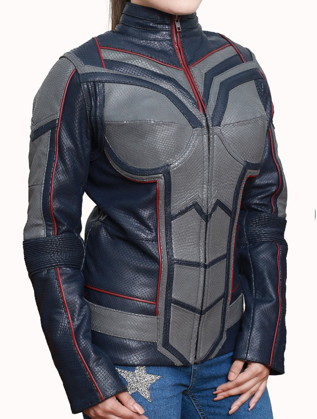 Ant-Man and The Wasp Evangeline Lilly Blue and Grey Leather Jacket for Women