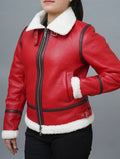 Womens Bomber Style Faux Shearling Red Leather Jacket | Christmas Outfit