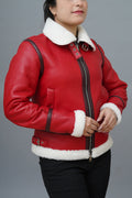 Womens Bomber Faux Shearling Red Leather Jacket | Christmas Outfit