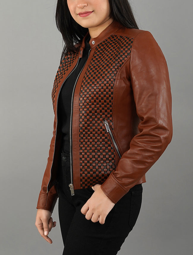 Handmade Women's Quilted Textured Brown Real Sheepskin Leather Jacket