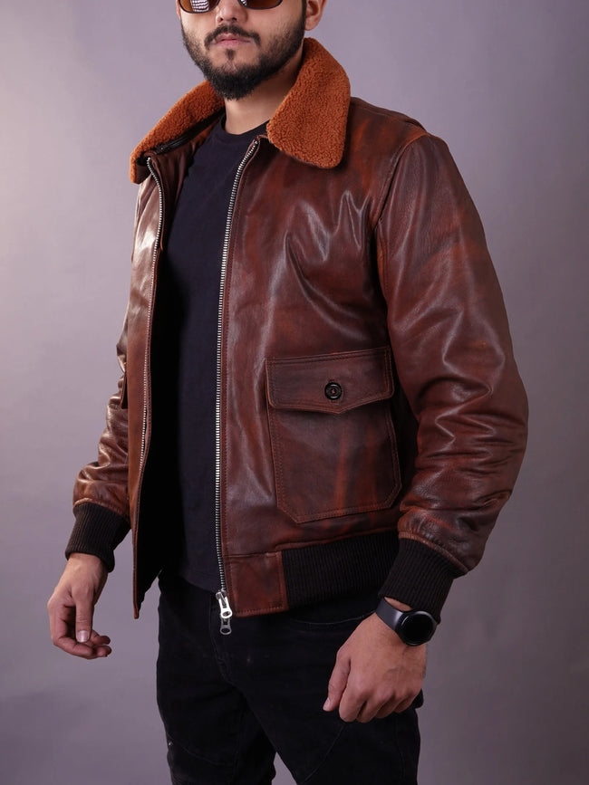 Men's Aviator A-2 American Forces G1 Distressed Brown Bomber Leather Jacket