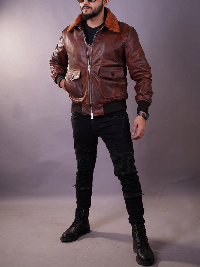 Men's Flight A-2 American Forces G1 Distressed Brown Bomber Leather Jacket