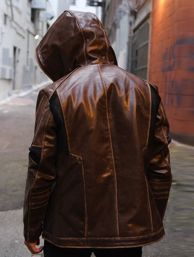 Brown Leather Jacket With Hoodie