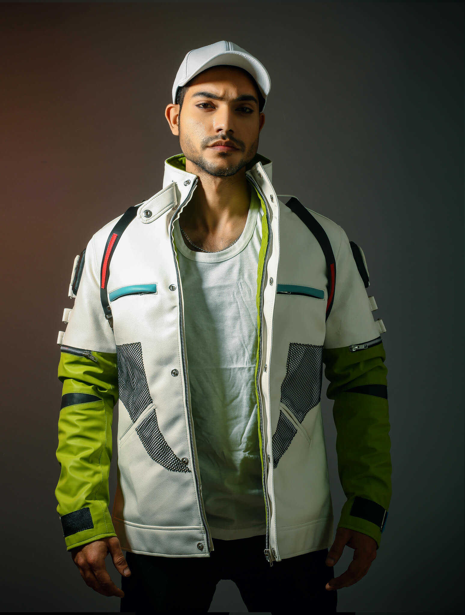 Mens White and Green Apex Leather Jacket