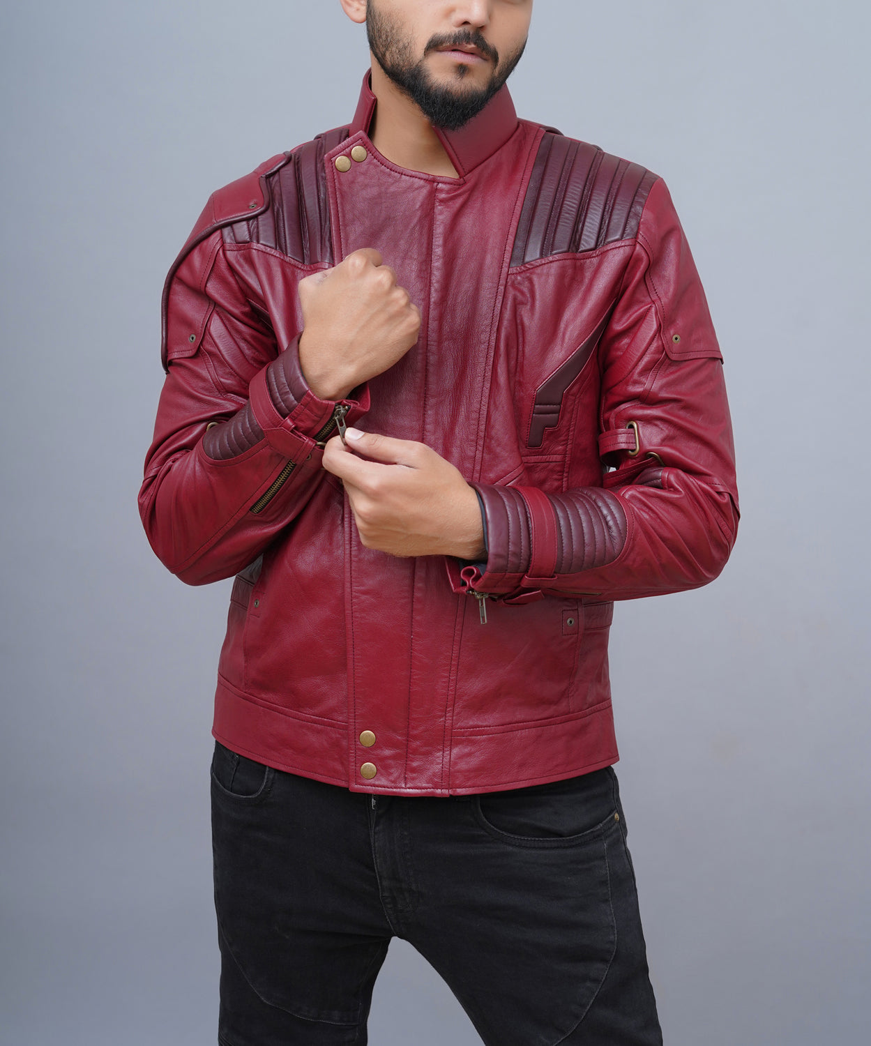 Guardians Of The Galaxy Star Lord Jacket - Chris Pratt Maroon Real Leather | Biker Style, All Sizes 7 thumbnail image