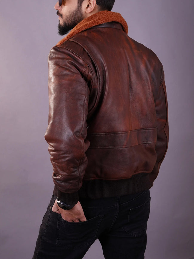 G1 Distressed Brown Bomber Leather Jacket