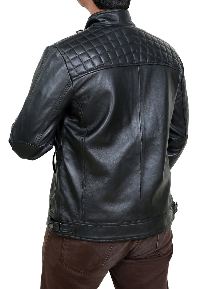 Mens Black Beckham Inspired  Quilted Beckham Inspired Lambskin Leather Motorcycle Leather Jacket