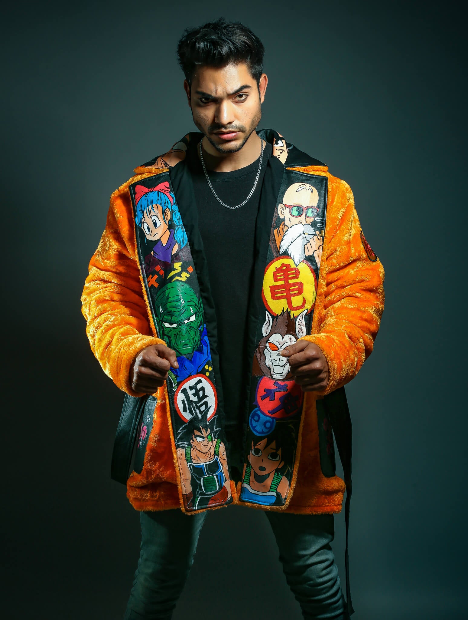 Mens Inspired Dragon Hand Painted Orange Fur Jacket