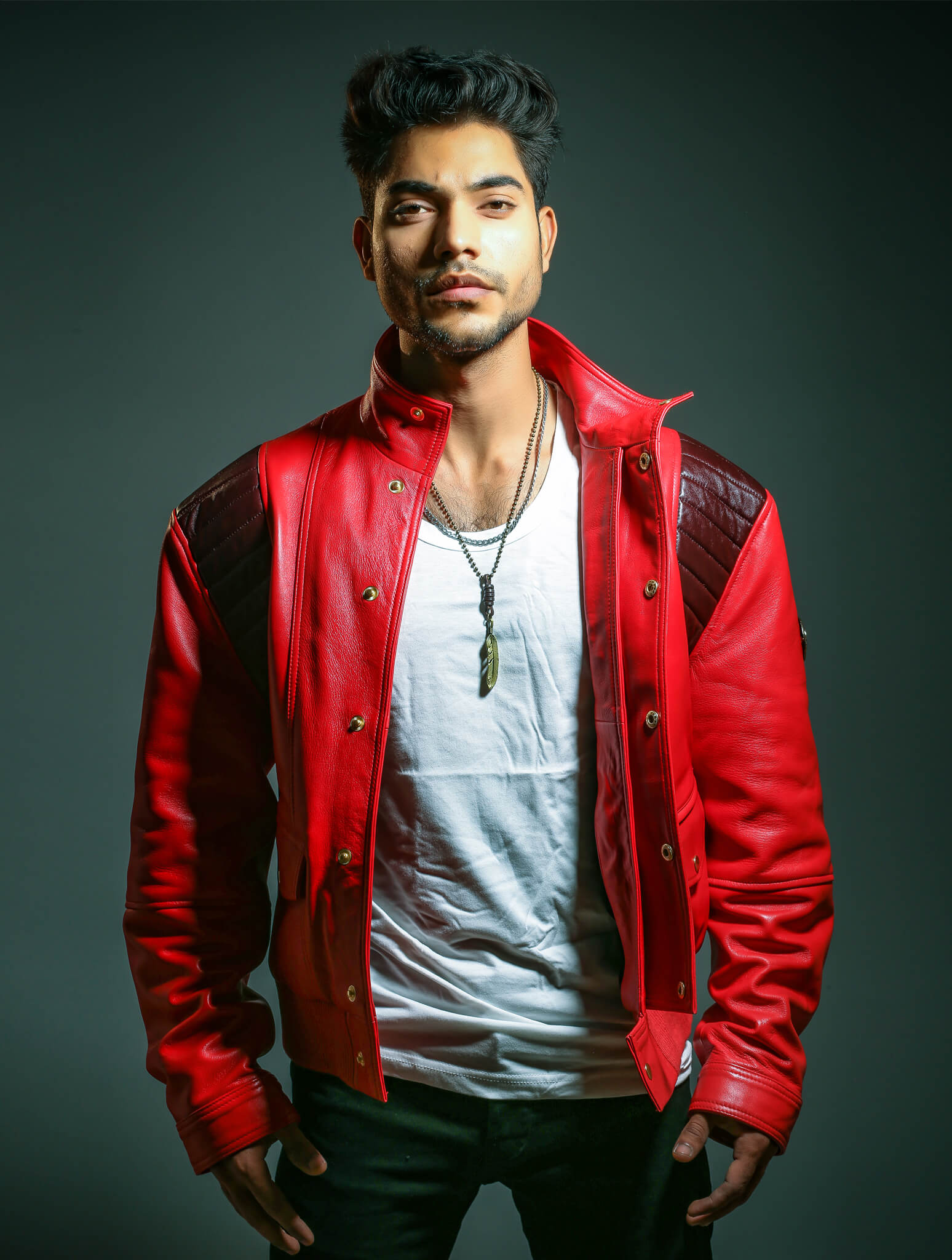 Mens Red Capsule Patch Leather Jacket
