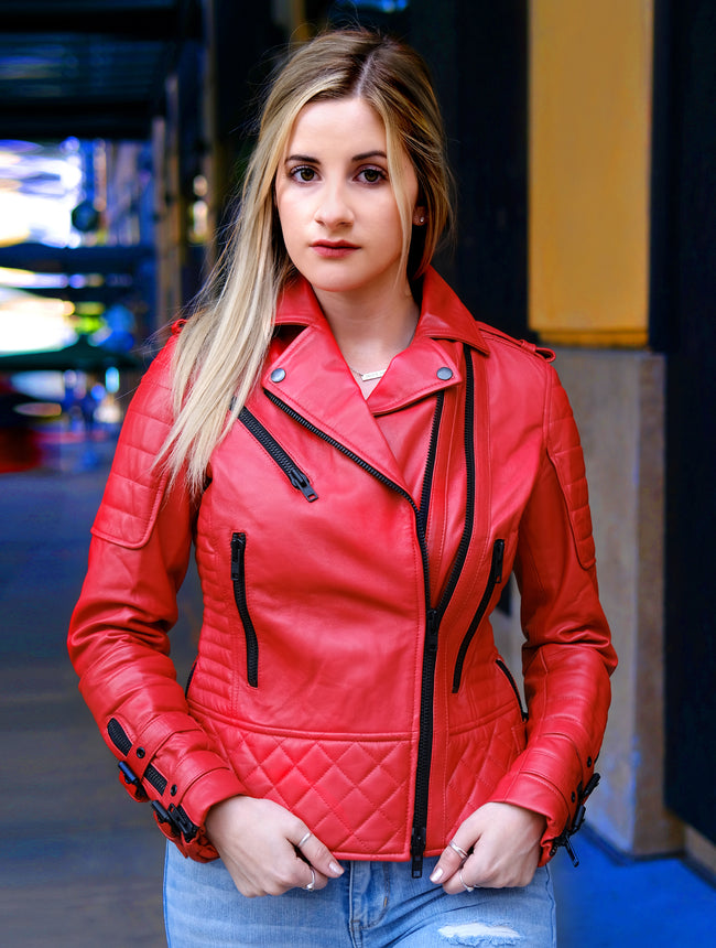 Womens Red Quilted Motorcycle Leather Jacket