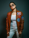 Womens Brown Leather Jacket with Patches