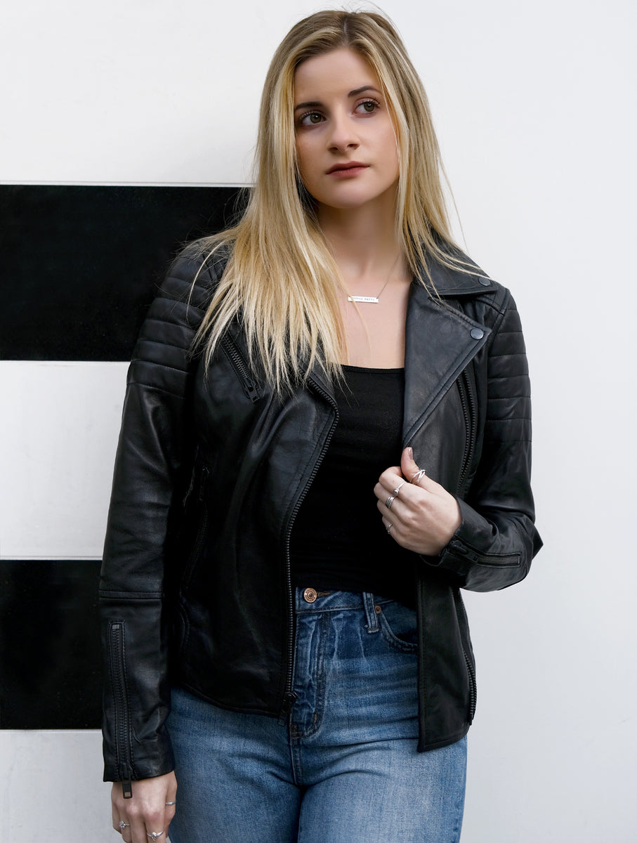 Buy Womens Riley Asymmetrical Black Biker Leather Jacket – Fanzilla Jackets
