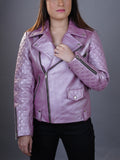 Womens Pink Metallic Biker Leather Jacket