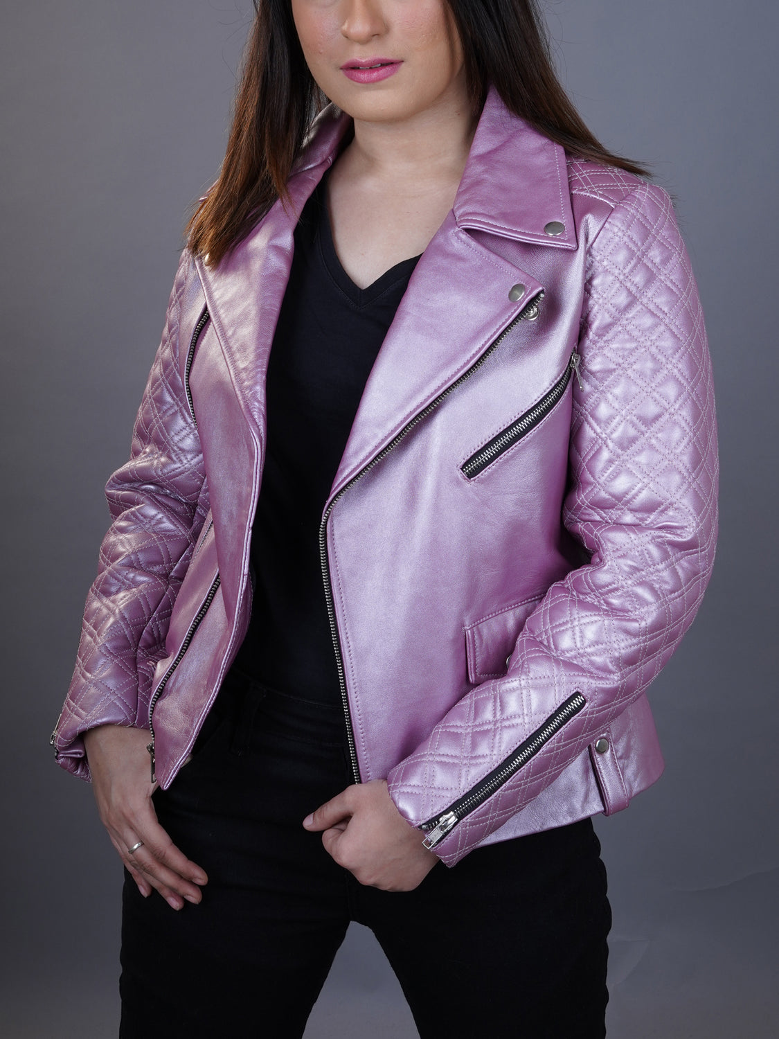 Slim Black Pink Women's Leather Motorcycle Biker Jacket with O Neck main image 1