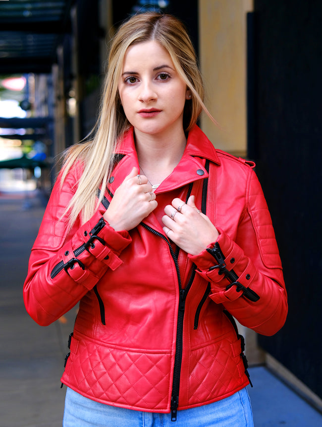 Womens Red Quilted Biker Jacket